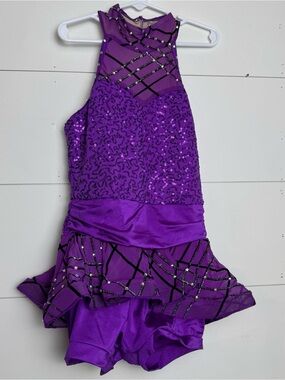 Girls Weissman Purple Sequin Dance Biketard Mock Neck Peplum Skirt Musical MC